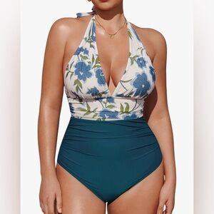 CUPSHE Women V Neck Floral XL DD+ 1 Piece Swim Halter Ruched Tummy Control NWT
